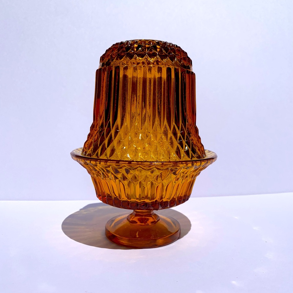 Vintage Indiana Amber Glass Fairy Light Lamp Diamond Point Footed 2 Piece MCM